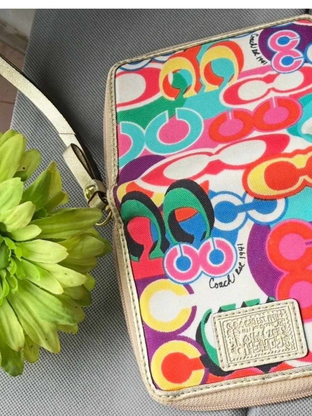 Coach Multicolor Signature 'C' Compact Zip Wallet — Bright Rainbow Print